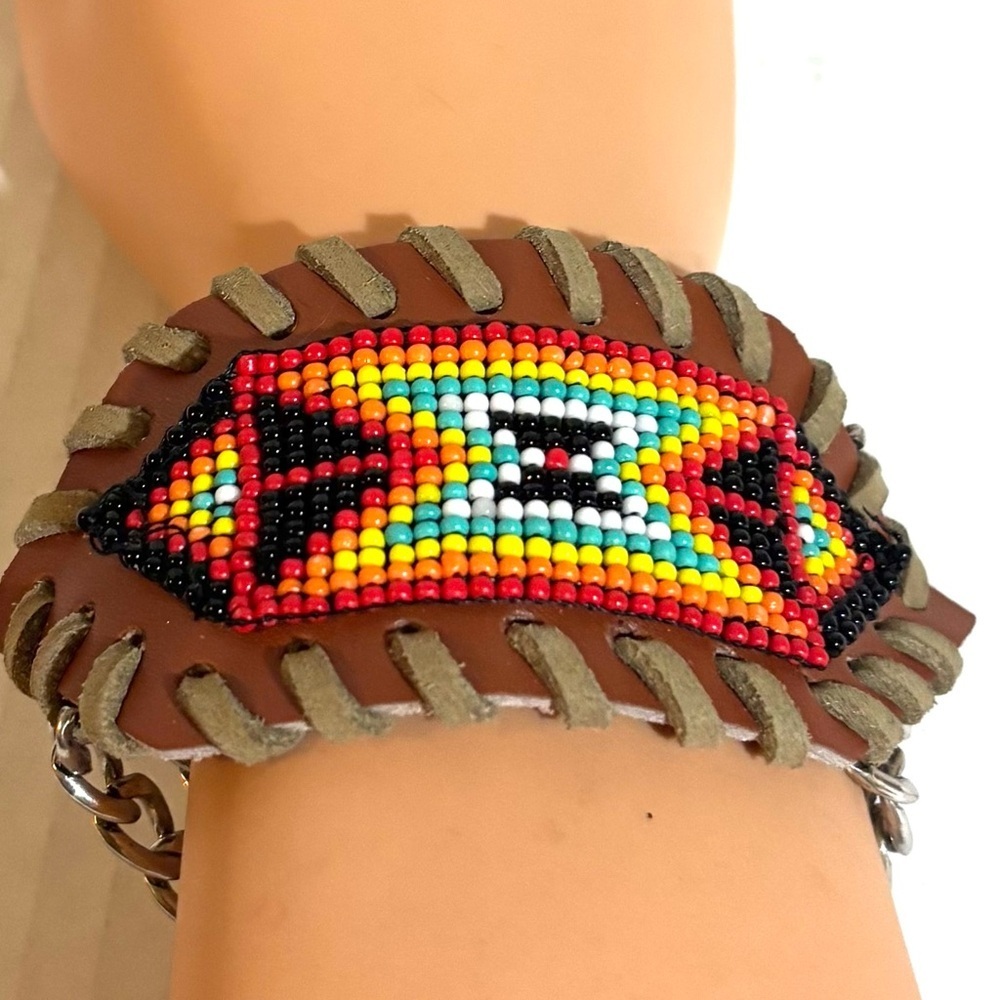 Handmade Beaded Leather Cuff Bracelet in Brown with Multicolor Beads